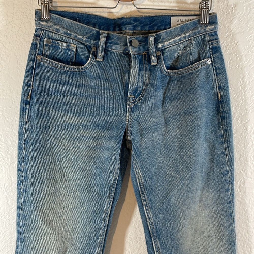 All Saints Philly Embroidered Blue Denim Jeans Raw Hem Size W25 - Picture 4 of 12